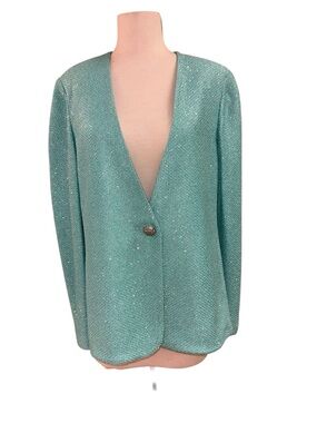 ST. JOHN Women Size 14 Blue Aqua Sparkling Shimmer Subtle Sequins Jacket Blazer